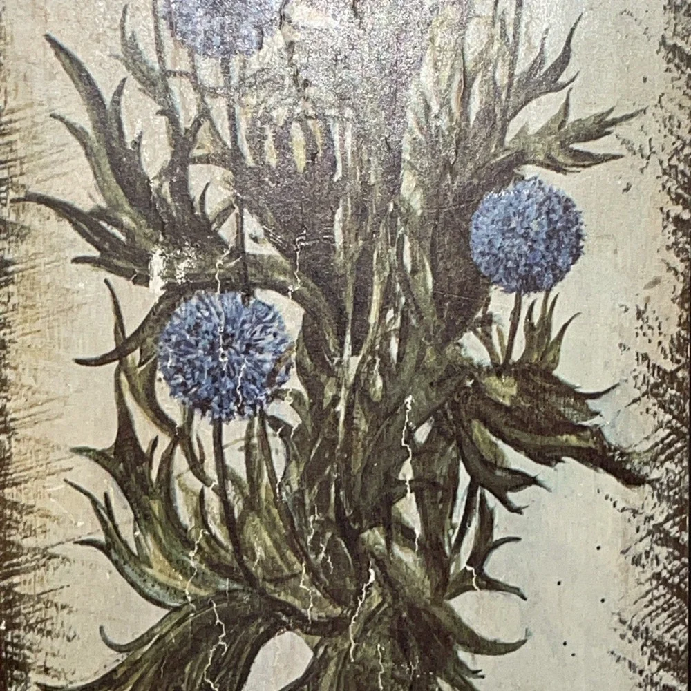 Blue Globe Thistle Echinops bannaticus | Vintage Botanical Decoupage Wood Plaque